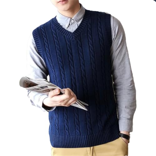 Men's Wool Knitted Sweater Vest V-Neck Solid Color Cable Knit Casual Sleeveless Outwear Tops
