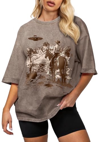 Flafens Oversized Washed Vintage Retro T Shirts for Women - Womens Graphic Tees Cotton Cute Cool Tshirts Teens Girls Boys Cowboy Design, Medium