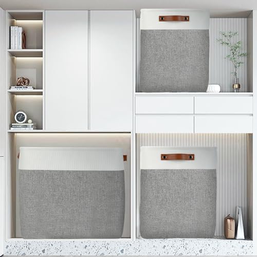 Image of DULLEMELO Storage Baskets 17 inch Large Basket for Blanket Living Room, Foldable Storage Bins Baskets for Organizing [3 Pack] Blanket Storage Baskets Organizer for Home,Office,Closet(White&Grey)