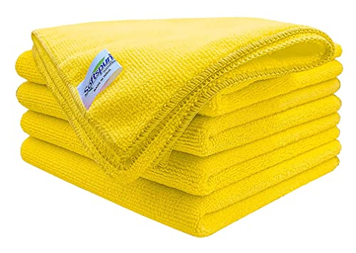 Image of SOFTSPUN Microfiber Cleaning Cloths, 40X60 cms 5 pcs Towel Set 340 GSM Yellow. Highly Absorbent Lint and Streak Free Multipurpose Wash Cloth for Kitchen Car Window Stainless Steel Silverware.