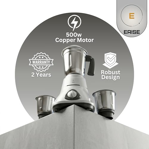 Image of ERISE ER 500 Mixer Grinder - 500W Powerful Motor with 3 Stainless Steel Jars | Silver Robust Design | Food Grade Safe, Overload Protection, Anti-Skid Feet | 2 Years Warranty (Wet & Dry Grinding)