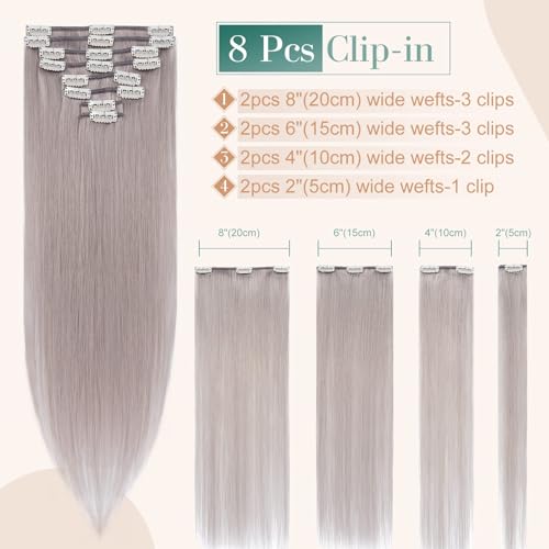 Image of Benehair Clip-in Hair Extensions - Real Human Hair, Double Weft, 8pcs, 12inch, Remy, Soft Silky Straight, Highlighted Grey