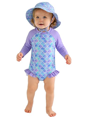 Image of WOLBAY Baby Girl Swimsuit Long Sleeve One Piece Rash Guard with Sun Hat Zipper Bathing Suit Size 0-2T