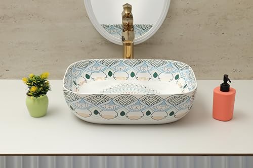Image of Moroccan Design Ceramic Tabletop Wash Basin | Countertop Vessel Sink | Wash Basin over counter For Bathroom Hotel Home (18x13x5.5 Inch) (TORO 4014) (Moroccan Design 115)