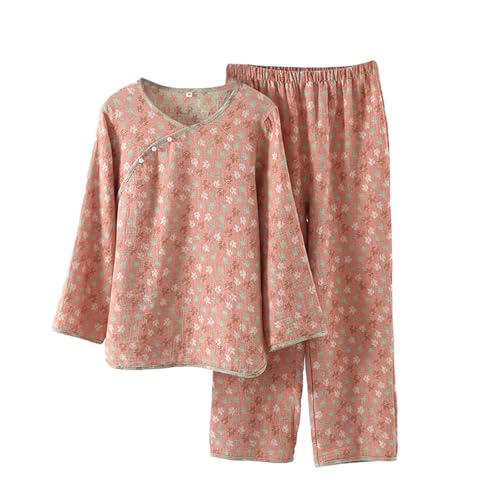 Pyjama 2 pièces en coton pour femme avec haut manches longues et pantalon orange taille L