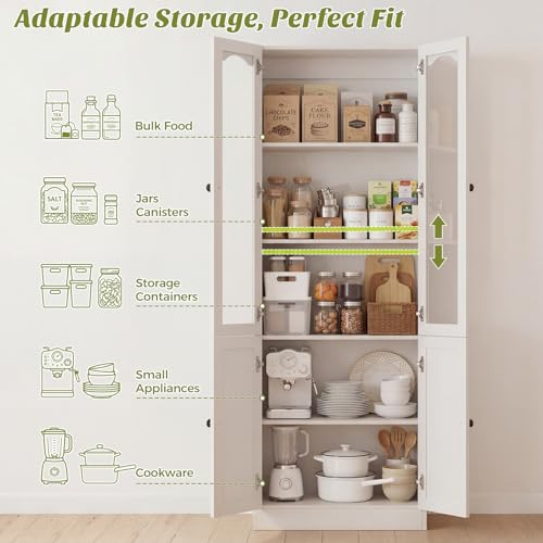 Image of Cyclysio 80 inch Tall Pantry Cabinet with 8 Doors, Natural Oak Kitchen Pantry Storage Cabinet with Built-in Baseboard Notch & Adjustable Shelves - Kitchen Storage Cabinet for Dining, Living Room, Office