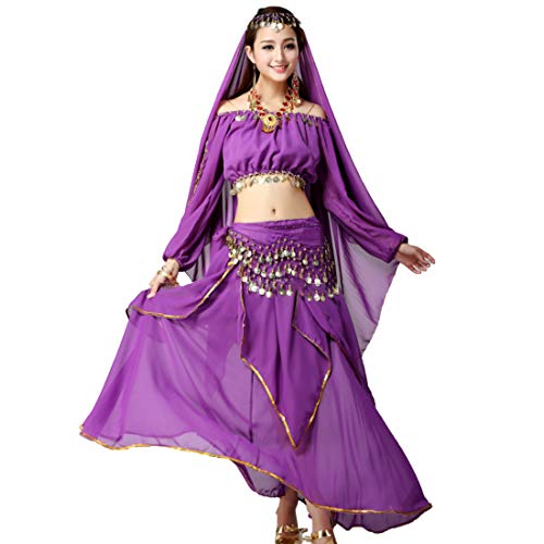 Huicai Conjunto De Traje De Traje De Danza del Vientre para Mujer Traje De Baile Indio De Bollywood Traje De Carnaval Conjunto De 4 Piezas (Tops + Falda + Cadena De Cintura + Velo)