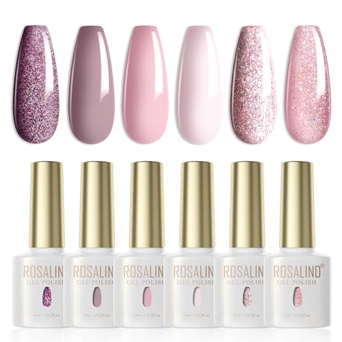 ROSALIND UV Nagellack Pastell,6 Farben Violett Nude Hellrosa Lila Glitzer Soak Off UV LED Nail Gel...