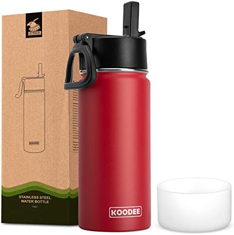 koodee Kids Water Bottle Stainless Steel Double Wall Vacuum Insulated Wide Mouth Flask, 16 oz Water Bottle for School (Canyon Red)