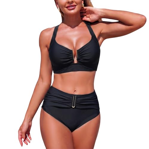 Meioro Traje de baño para Mujer Conjuntos de Bikinis, Sexy Bañador Bikini Sets Bañadores de Dos Piezas, Conjunto Bañador Bañadore Cuello en V Trajes de Baño Tops Playa La Natacion Vikinis (Negro, L)