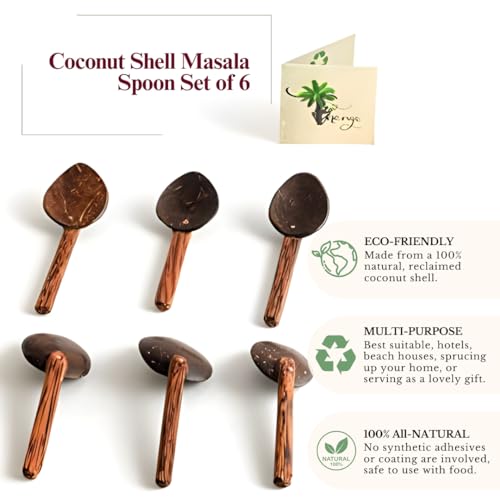 Image of Thenga Coconut Shell Masala Spoons Set of 6 | Mini Wooden Spoons for Spices, Tea, Coffee, Condiments & Desserts | Eco-Friendly, Handmade & Rustic Small Kitchen Utensils for Everyday Use