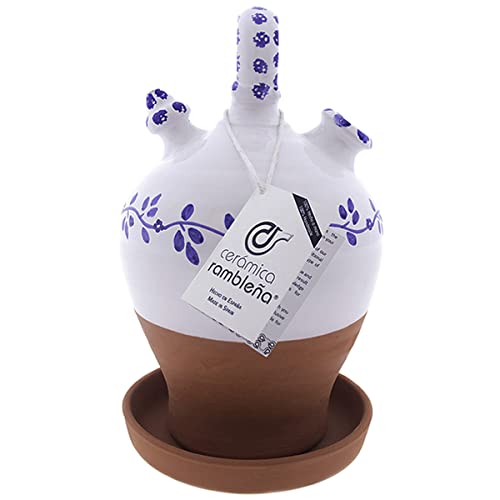 CERÁMICA RAMBLEÑA | Botijo de Barro Rojo | Botijo Decorado asa Redonda Base Vuelta Cenefa Azul - Modelo D06 de La Rambla (Córdoba) | 100% Hecho a Mano | 3.5 litros | Eco | Plato Incluido