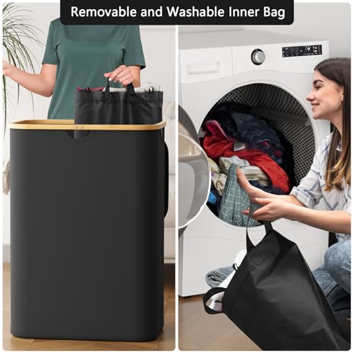 SpaceAid Double Laundry Hamper 2 Section with Lid and Removable Laundry Bags, 160L Clothes Basket with Bamboo Handles, Large Collapsible Hamper for Bedroom, Bathroom, Dorm, Laundry Room - Black