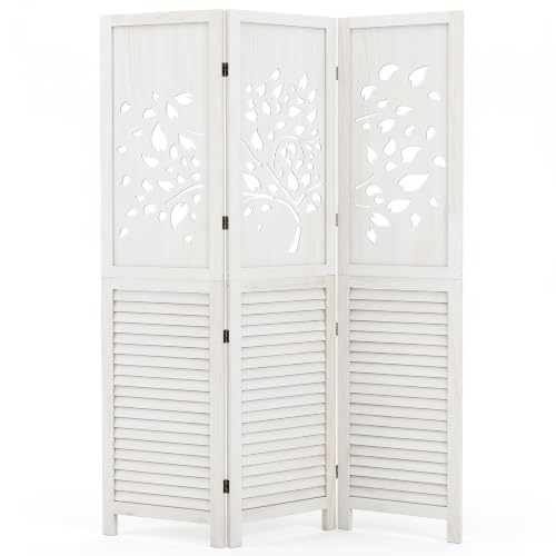 GIANTEX 3 Panel Folding Room Divider with Tree Leaf Cutout & Louvered Slats