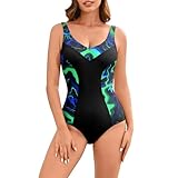 Veranobreeze Badeanzug Damen Bauchweg Sport Bademode mit Cups V Ausschnitt Schwimmanzug (Grüne Flamme, EU42)