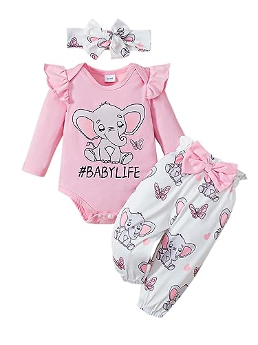 Baby Girls 0-18 Months Elephant Pattern Romper and Pants Outfit