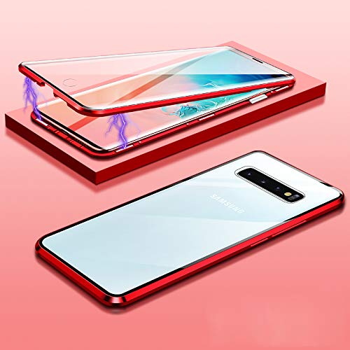 Exclusive Discount 🔥 Galaxy S10+ Case Earworld Magnetic Adsorption Metal Frame 9H Tempered Glass Front and Back Cover 360 Degree Full Body Protection for Samsung S10 Plus (Red)