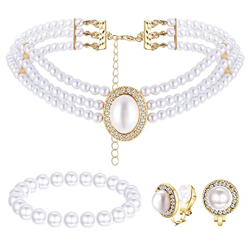 Thunaraz 1920S Faux Pearl Jewelry Set For Women, 3 Layer Pearl Choker Necklace & Classic Pearl Bracelet & Clip On Pearl Earrings Prom Party Costume Jewelry Gift #TOP19