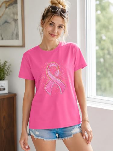 Image of Breast Cancer Shirts for Women Pink Ribbon Shirt Breast Cancer Survivor Tee | Pink Breast Cancer Shirt In October We Wear Pink Tee Breast Cancer Awareness Shirts Halloween Ghost Graphic Short Sleeve Top