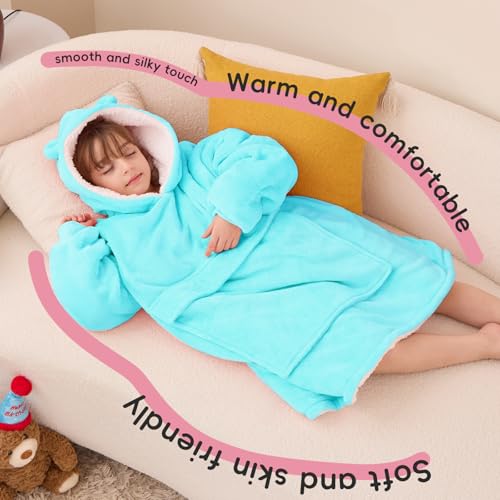 yescool Wearable Blanket Kids Hoodie, Birthday Teen Girls Gifts for 8-15 Year Old Kids Oversized Sweatshirt Sherpa Flannel Cozy Hooded Blanket with Pocket for Children, Youth Teens, One Size, Teal