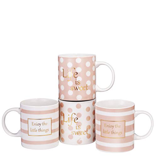 Bruntmor Set Of 4 Ceramic New Bone China Love Inspirational Coffee Mugs with gold decal 11 Oz Valentine Day Gifts Pink