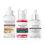 Pink Spicule Serum + Picotonic Shot Ampoule + Peel Shot Exfoliant Rice Ampoule, Rice Exfoliator for Face Pore Refining, Picotonic Glow Serum for Pigmentation & Dark Spot, Glass Skin, 3PCS
