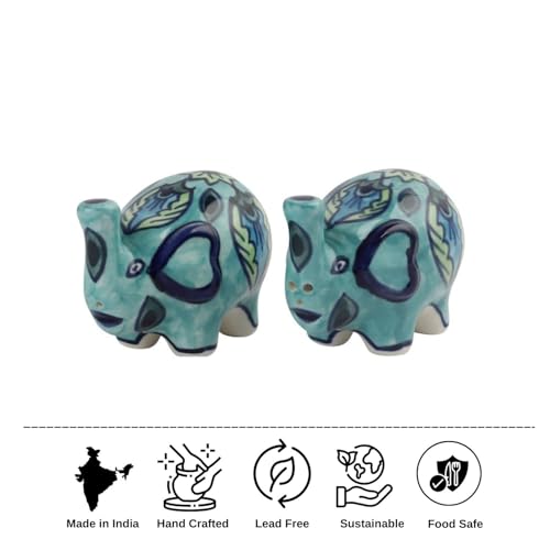 Image of VarEesha Vrinda Green Ceramic Elephant Salt n Pepper Shakers Set for Dining Table Used as Namak Dhani, Shaker, Sprinkler for Home, Kitchen and Restaurant