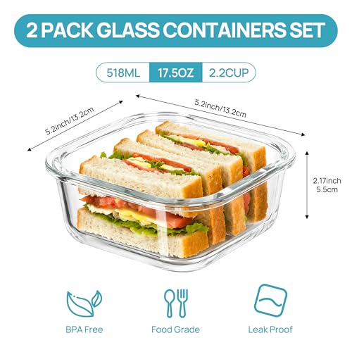 Image of Vtopmart 2Pack 17.5oz Glass Meal Prep Food Container Sets with Lids