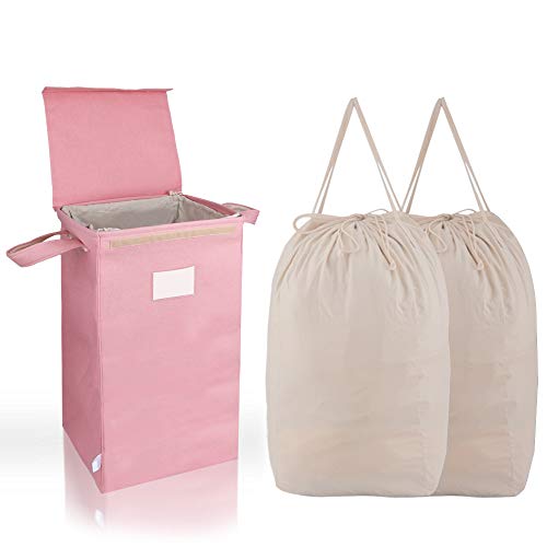 Image of MCleanPin 210L Pink Laundry Hamper with Lid and 2 Removable Bags, Collapsible Dirty Clothes Hamper with Handles, Foldable Baby Nursery Hamper Dorm Room Storage Girls College Hamper(Rose Pink)
