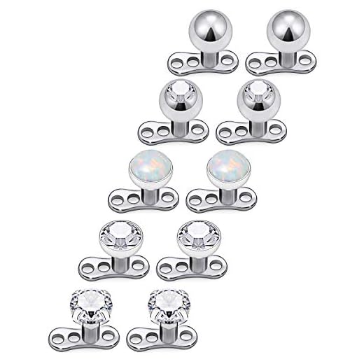 Lcolyoli 10PCS 14G Dermal Anchor Tops CZ/Opal/Ball Base G23 Titanium Microdermals Body Piercing Jewelry for Women Men Silver-tone 4mm