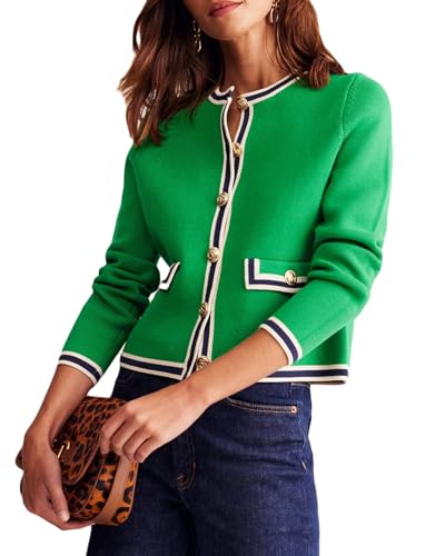 Women's Cardigan Sweater Open Front Color Block Button Down Knit Tweed Jackets Fall Cropped Coat