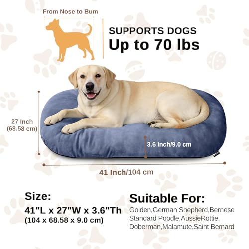 Image of Washable Oval X-Large Dog Bed, Silver-Tipped High-Resilience, Dusty Blue | Non-Slip Bottom Prevents Sliding, Soft Plush Short Fur, Machine Washable, Ideal for Crates /Apartments /Cozy Nooks,41 inchx27 inchx3.6 inch