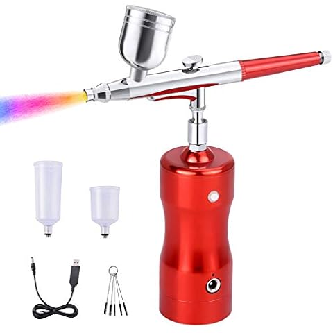 Suteck Airbrush Kit Portable Mini Set with Compressor Handheld Cordless Airbrush Gun Set with Single-Double Action for Cake Decorating Makeup Nail Painting Tattoo Manicure Red Cover