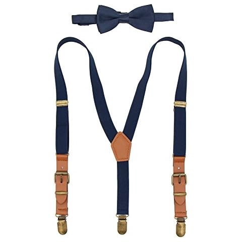Hesenhan Baby Boys Suspenders and Bow Tie Set Navy Blue Adjustable Y Back Toddler Suspenders Elastic Jeans Trousers Suspenders Braces with Brown Leather and Bronze Clips for Kids Cover