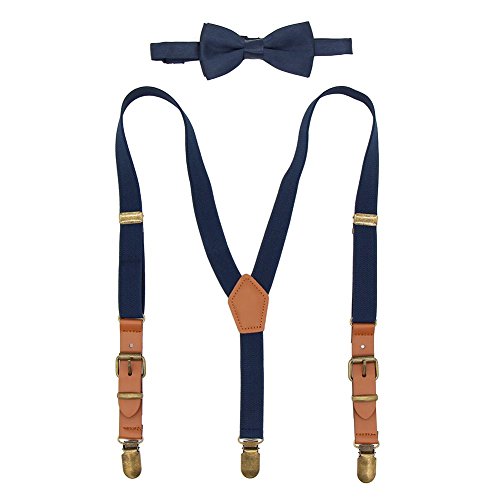 Baby Boys Suspenders and Bow Tie Set Navy Blue Adjustable Y Back Toddler Suspenders Elastic Jeans Trousers Suspenders Braces with Brown Leather and Bronze Clips for Kids Grils