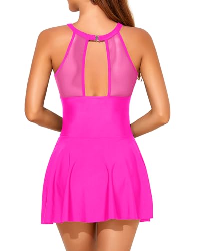 Holipick Hot Pink Women's One Piece Swim Dress High Neck Swimsuit Tummy Control Halter Modest Skirt Bathing Suits Long Swimdress L - Image 2