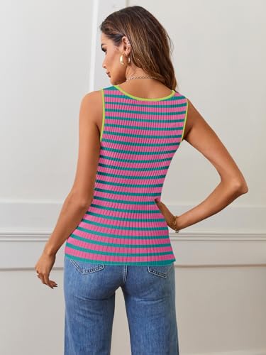 Image of MEROKEETY Women's Summer Square Neck Tank Tops | Sleeveless, Ribbed Knit, Striped Pattern, Slim Fit, Stretchy Soft Sweater Vest Casual Work Outfits