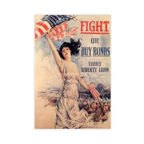 LianTianHong Fight Or Buy Bonds Third Liberty Loan Woman Waving American Flag Soldiers War Vintage Poster, Unframe 24x36inch