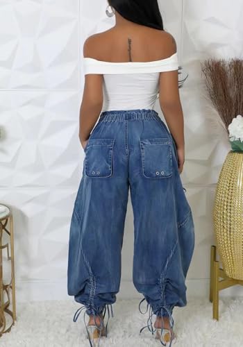 Ptorlio Women's Cargo Jean Elastic Waist Denim Pants Casual Joggers Loose Jeans with Pockets4