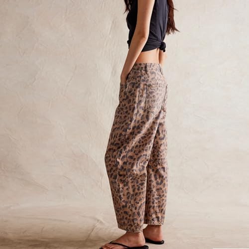Leopard Barrel Jeans Women Leopard Print Y2k Pants Mid Rise Vintage Loose Wide Leg Trousers with Pockets4