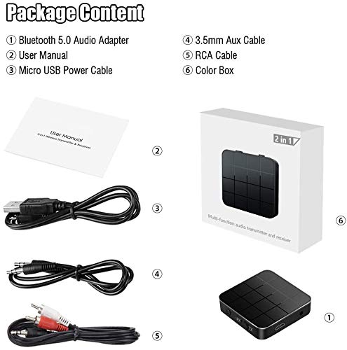 Bluetooth 5.0 Transmitter Receiver, 3.5mm AUX RCA Bluetooth Audio Adapter for Home Stereo, 2 in 1 Wireless Bluetooth Adapter with Low Latency HD Sound,TV, PC, Smartphone, Car (Black)