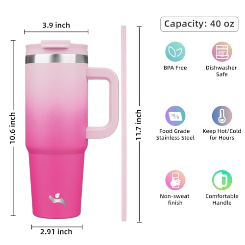 Image of Konokyo 40 oz Insulated Tumbler Water Bottle with Handle, Straw Lid | BPA-free and dishwasher safe; made for gym, travel, coffee and gifting, 2 straws, cup holder friendly,Cherry Blossoms
