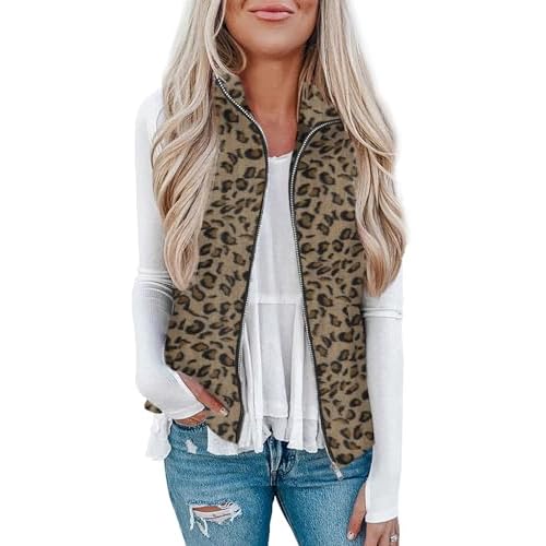 Rapbin Women's Plaid Outerwear Vests Tops Zip Up Collared Sleeveless Jacket with Pockects Leopard Brown X-Large
