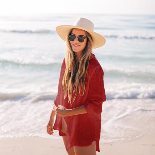Image of Zoye Chen Women's Bikini Swimsuit Cover Up Button Down V Neck Shirts Long Sleeve Blouse Beachwear Bathing Suit