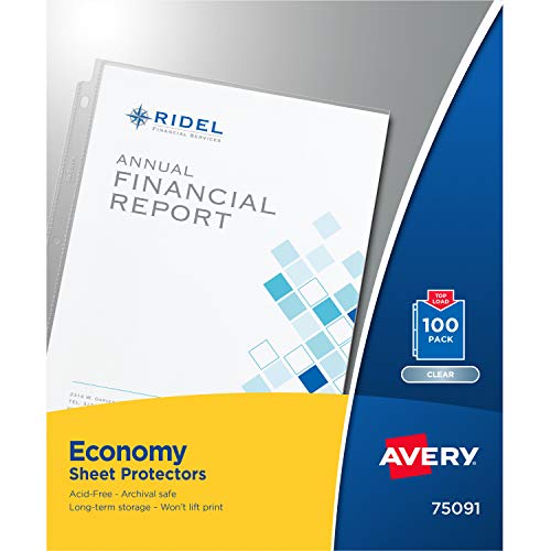Avery Economy Weight Sheet Protectors, Acid Free, 8.5" x 11", 100 per Pack, 100 Clear Document Protectors Total (75091) by Avery - Used condition - US$11.89