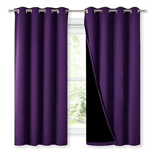 NICETOWN 100% Blackout Curtain Panels, Thermal Insulated Black Liner Curtains for Kitchen, Noise Reducing and Cold Blocking Drapes for Windows (Set of 2, Royal Purple, 52-inch Wide by 63-inch Long) by NICETOWN - Used condition - US$24.04