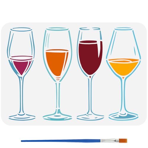 FINGERINSPIRE Wine Glasses Painting Template with Brush 11.6x8.2inch Goblets Painting Template Champagne Glasses Painting Stencil Various Goblets Painting Stencils Reusable DIY Art Craft Stencil