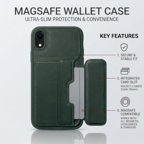 Image of amazon basics Luxury Vegan Leather Back Cover for iPhone XR | Built-in Card Holder Slot | Integrated Mobile Stand | Slim Shockproof Protective Case with Stitched Finish - Green