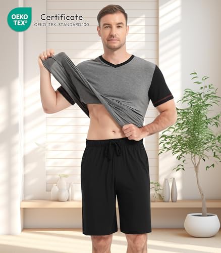 Image of NACHILA Men's Pajamas Set-Viscose Made from Bamboo, Short Sleeve Sleepwear with Shorts Cool Loungewear Soft Pjs