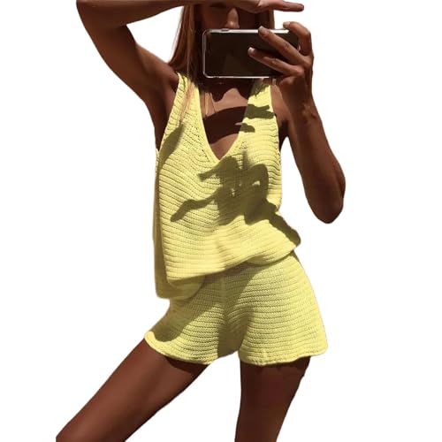 Ensemble short tricoté pour femmes avec débardeur col V tenue casual